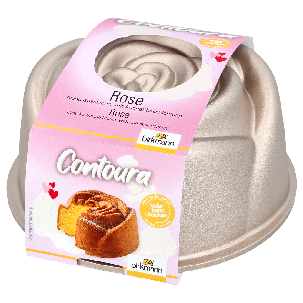 Abgebildet ist die Backform Contura Rose aus Aluguss mit 18 cm Durchmesser. Die Form hat ein Rosendekor.