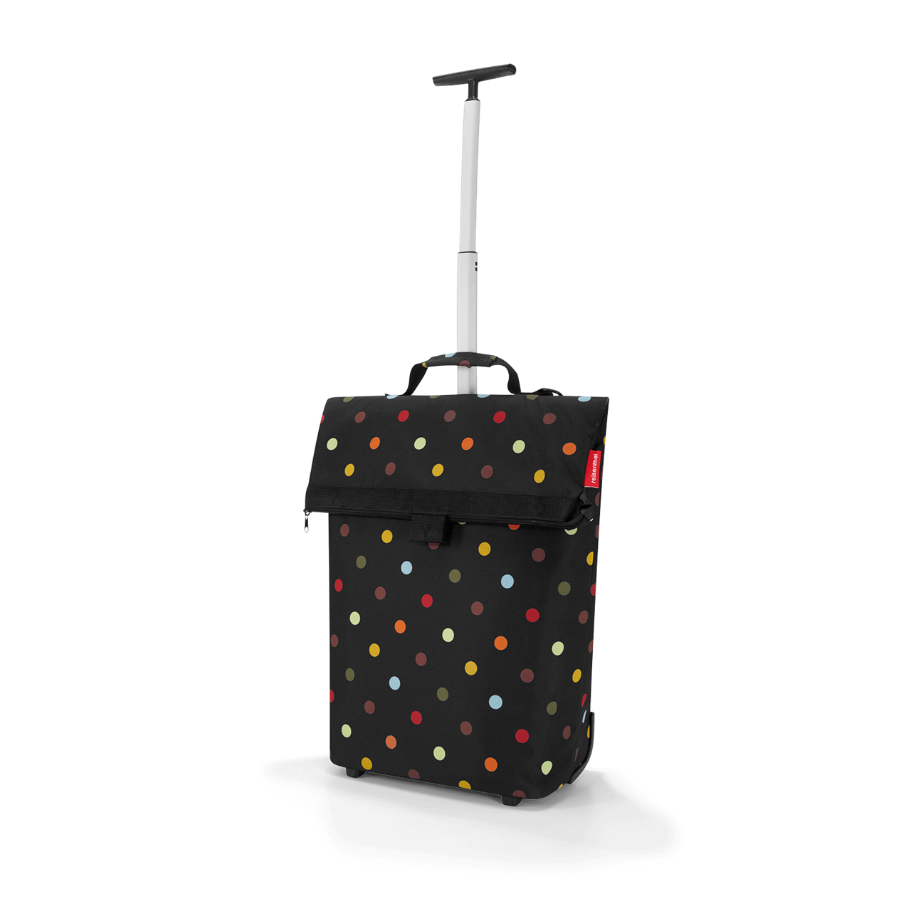 Das Bild zeigt einen schwarzen Trolley mit bunten Punkten und ausziehbarem Griff. Die Tasche heißt "Trolley M dots Tasche auf Rollen".