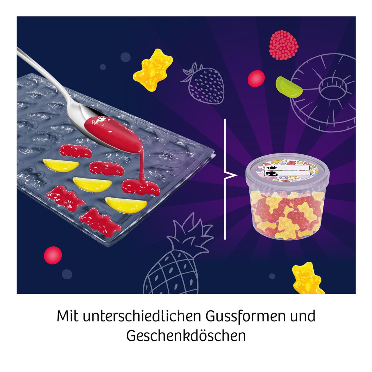 Das Bild zeigt das Produkt "Fun Science - Fruchtgummi-Labor", bei dem bunte Fruchtgummi-Masse in verschiedene Gussformen gegossen wird. Rechts ist eine Dose mit den fertigen Fruchtgummis zu sehen.