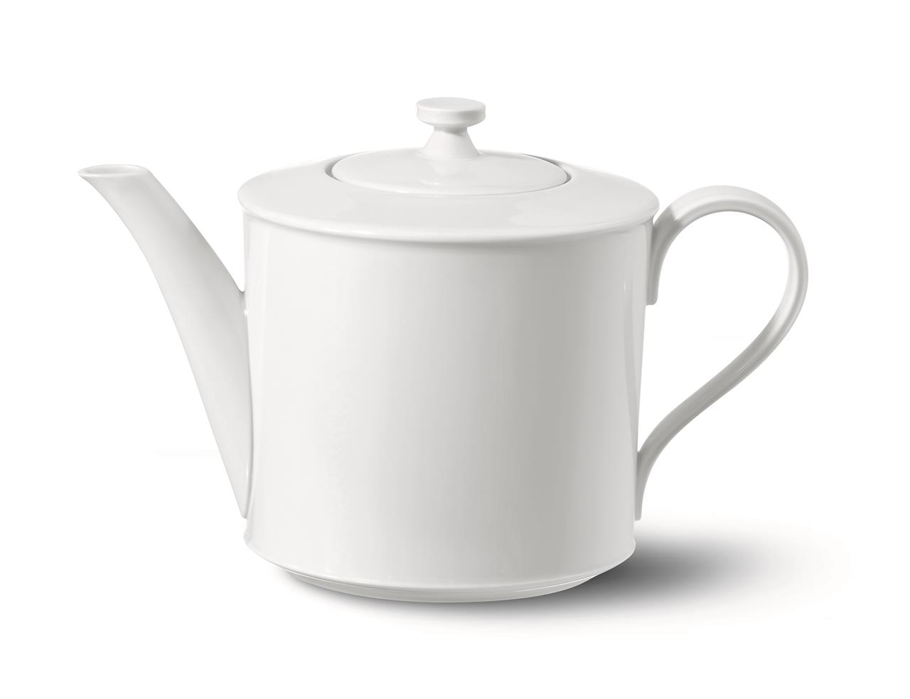 Dies ist eine weiße Teekanne mit einem Fassungsvermögen von 1 Liter. Sie hat ein schlichtes und elegantes Design mit Deckel, Ausguss und Henkel.