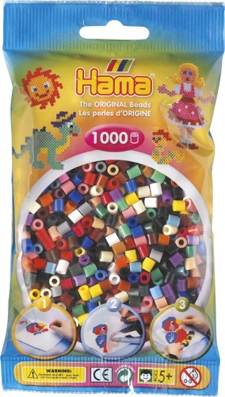 Die Abbildung zeigt eine Packung mit 1000 bunten Hama-Perlen. Auf der Verpackung sind Figuren und ein Beispiel zur Anwendung der Perlen zu sehen.