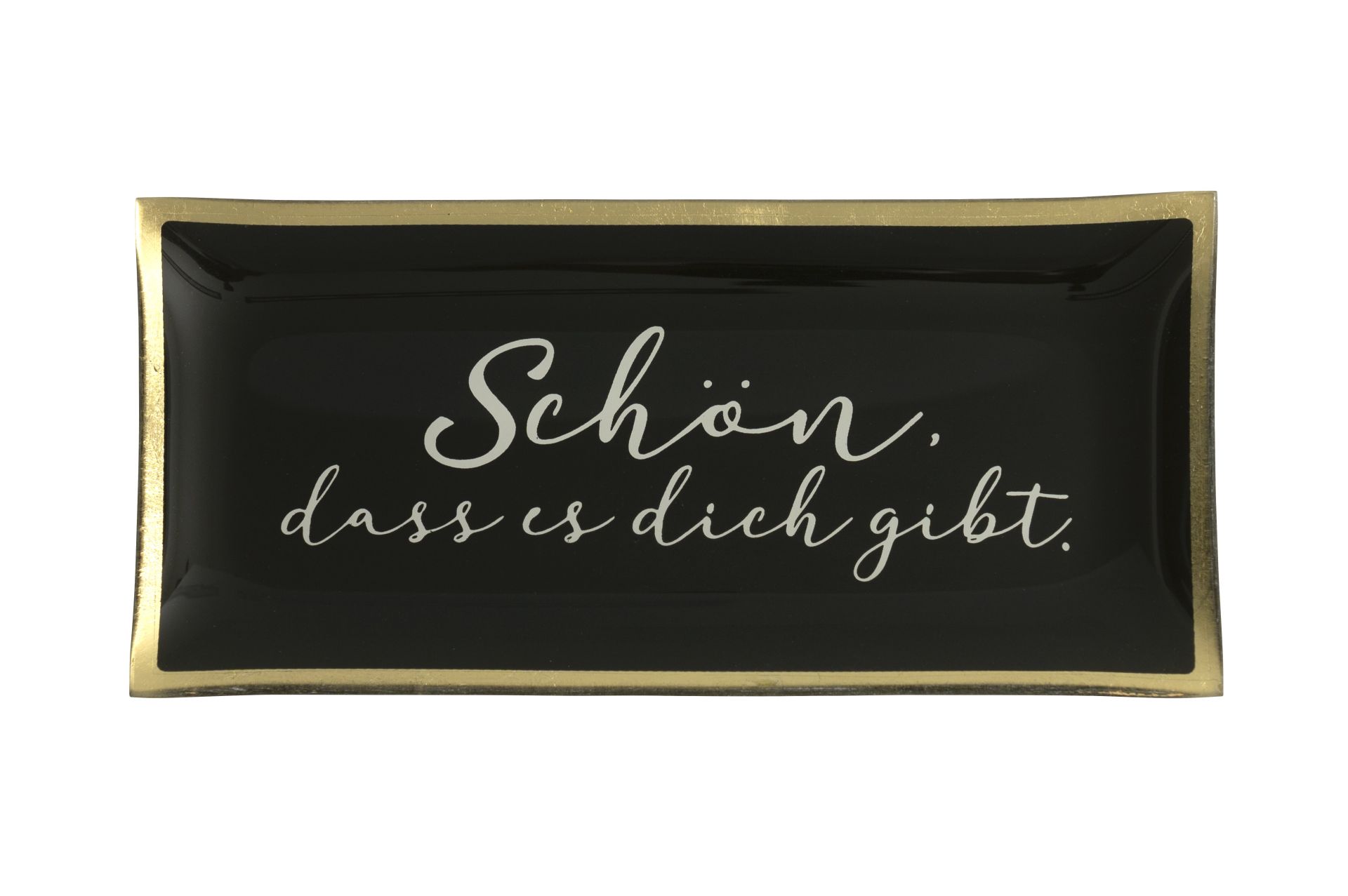 Hier sieht man Love Plates Glasteller L, Schön, dass es dich gibt. Es ist ein großer Glasteller mit dem Aufdruck 'Schön, dass es dich gibt'.