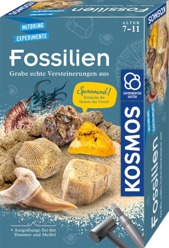 Auf dem Bild ist eine Fossilien-Ausgrabungs-Set-Box der Marke KOSMOS zu sehen. Die Verpackung zeigt verschiedene Fossilien und Werkzeuge wie Hammer und Meißel.