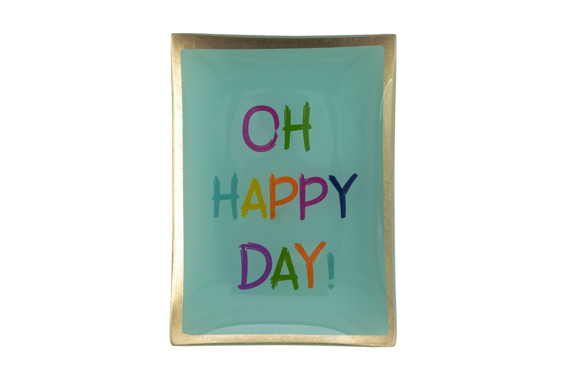 Gezeigt wird der Glasteller M aus der Love Plates Reihe mit dem Text 'Oh happy day' in Hellgrün. Der Teller bringt Freude und Farbe auf den Esstisch.