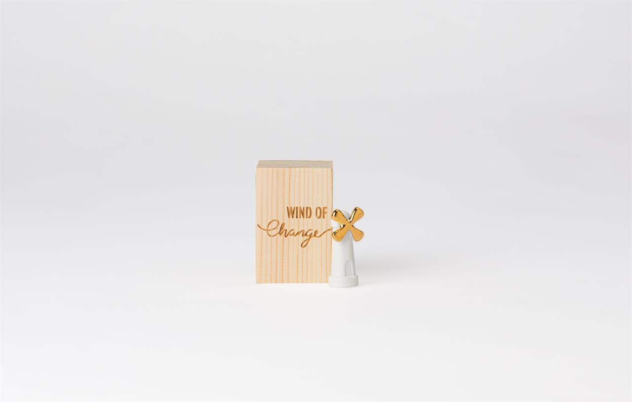 Auf dem Bild ist ein kleines Holz-Kästchen mit der Aufschrift "WIND OF Change" zu sehen. Daneben steht eine kleine Windmühle mit goldenen Flügeln.