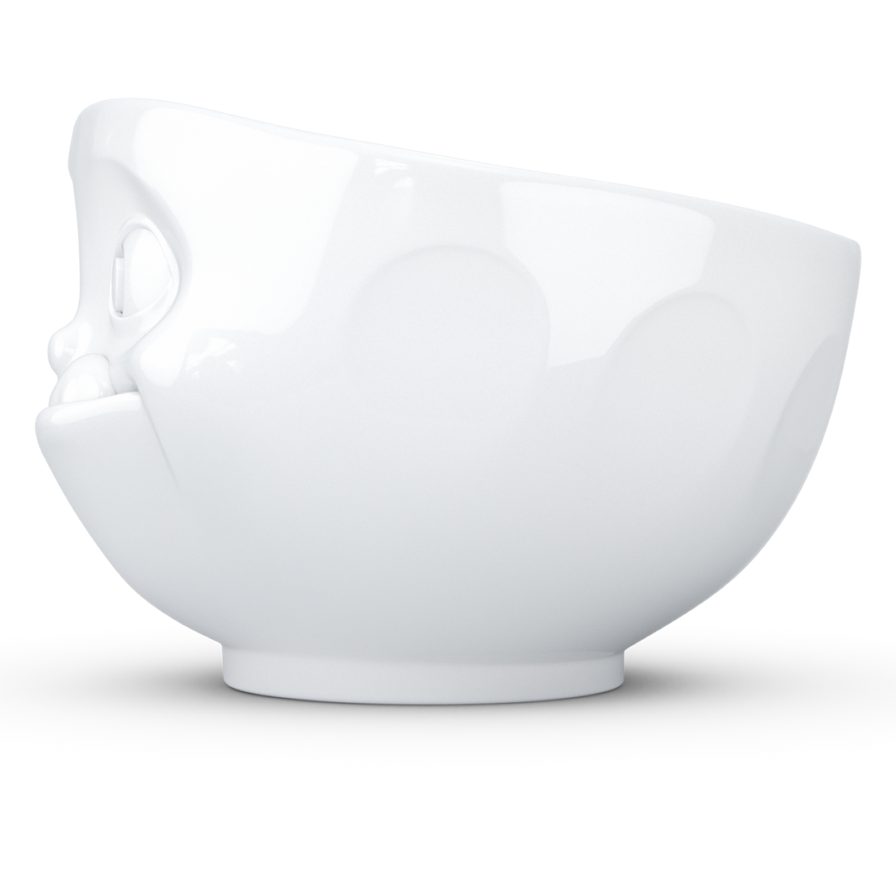 Die Abbildung zeigt eine weiße Schale mit einem Fassungsvermögen von 500 ml. Die Schale hat ein ungewöhnliches Design mit einem lächelnden Gesicht an der Außenseite.