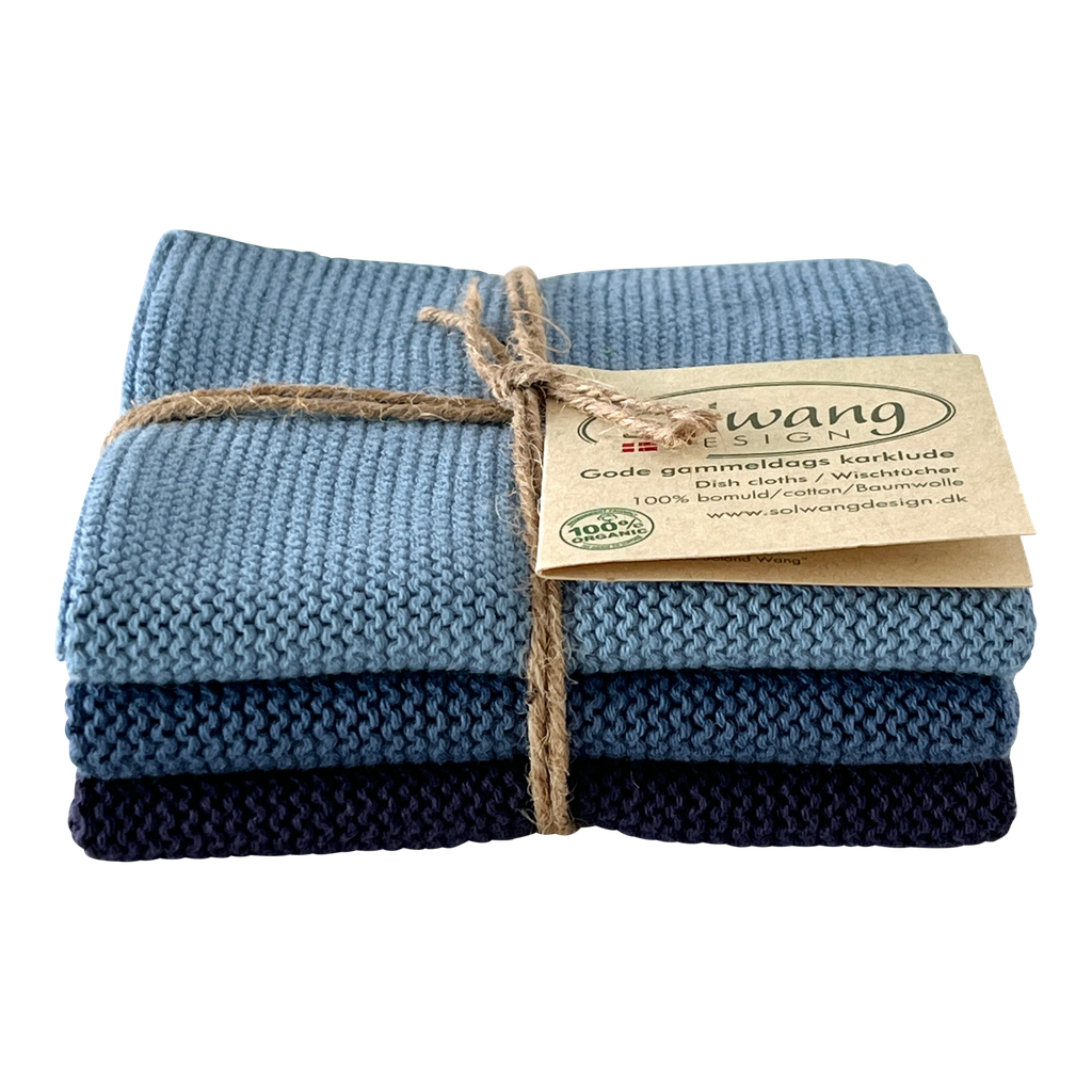 Dreier-Set Spültücher in staubigem Blau aus Bio-Baumwolle, 25x25 cm groß. Die Spültücher sind für Geschirr und Oberflächen ideal.