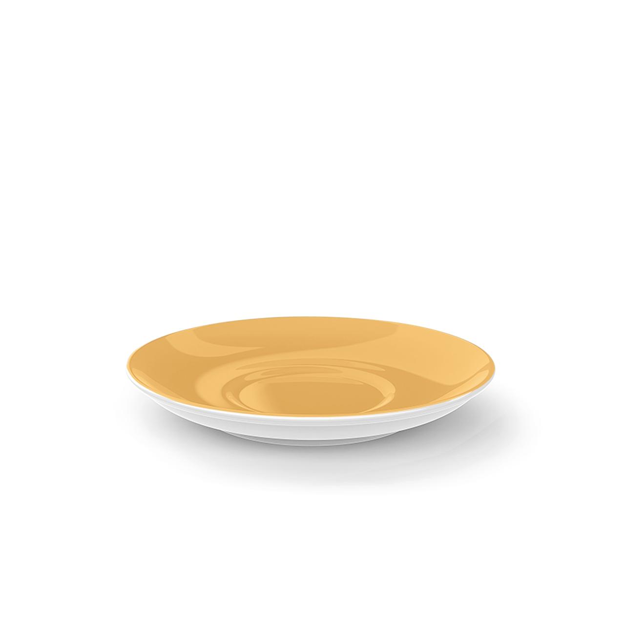 Dies ist eine Kaffeetasse-Untertasse mit einem Durchmesser von 14,5 cm. Die Oberseite ist in der Farbe Mandarine gehalten.