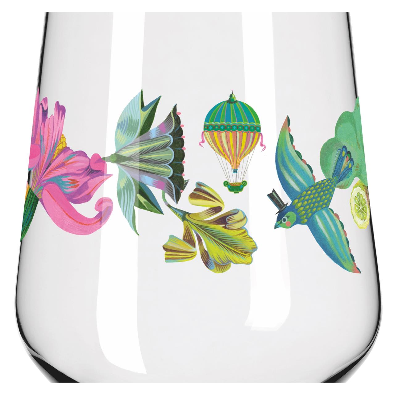 Das Glas zeigt bunte Illustrationen von Blumen, einem Heißluftballon und einem Vogel mit Zylinder. Die Motive sind detailreich und lebendig auf das klare Glas gedruckt.