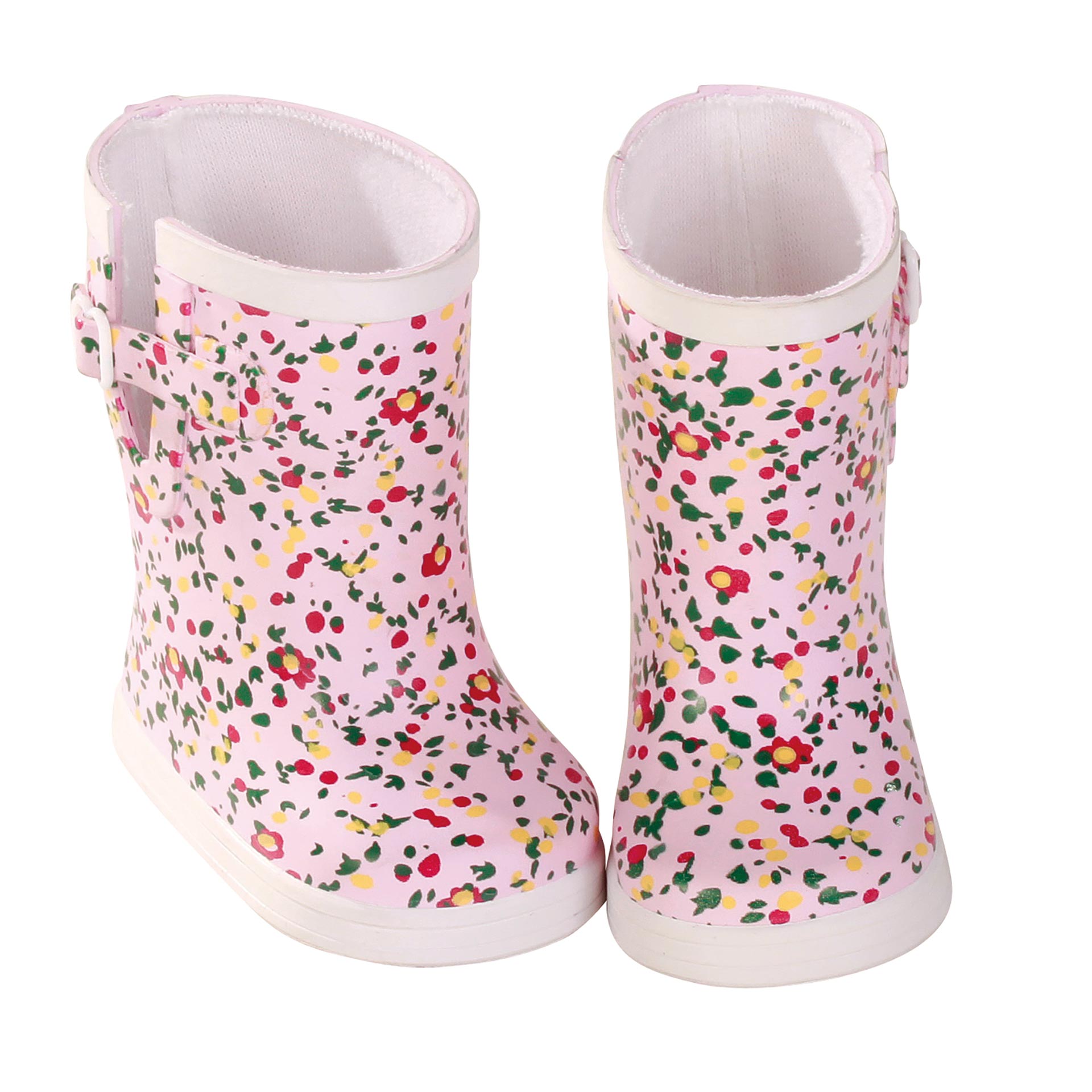 Das Bild zeigt Gummistiefel mit geblümtem Muster. Sie sind bunt gestaltet und für Puppen gedacht.