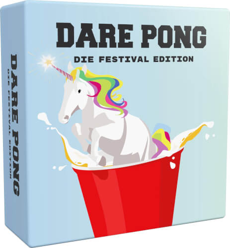 Auf dem Bild ist eine Verpackung mit der Aufschrift "DARE PONG DIE FESTIVAL EDITION" zu sehen. Ein Einhorn mit bunter Mähne springt aus einem roten Becher, aus dem Flüssigkeit spritzt.
