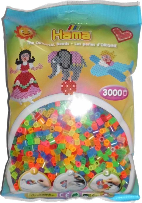 Die Packung zeigt bunte, transparente Neon-Perlen der Marke Hama. In der Tüte befinden sich 3000 Stück, ideal für kreative Bastelarbeiten.