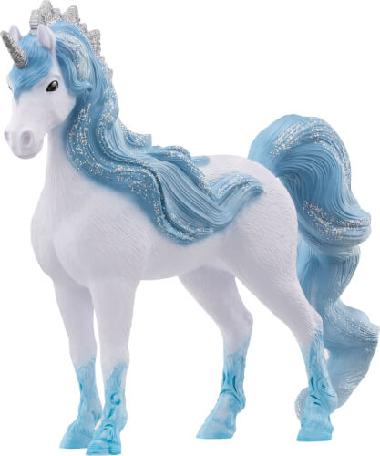 Das Bild zeigt ein Einhorn mit weißem Körper und blauer Mähne sowie blauem Schweif. Das Einhorn hat glitzernde Details und blaue Hufe.