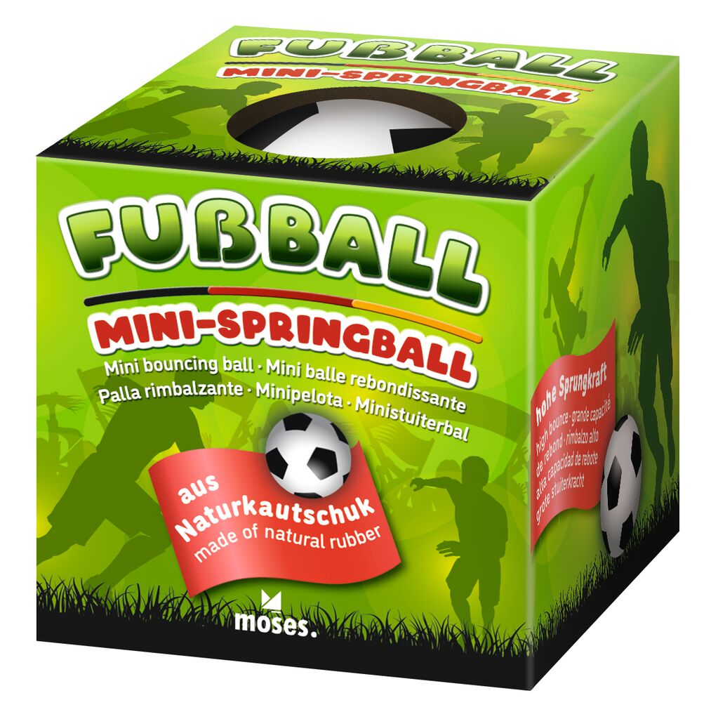 Die Verpackung zeigt den "Fußball Mini-Springball" aus Naturlatex. Der Ball ist klein, springt hoch und ist für Kinder gedacht.