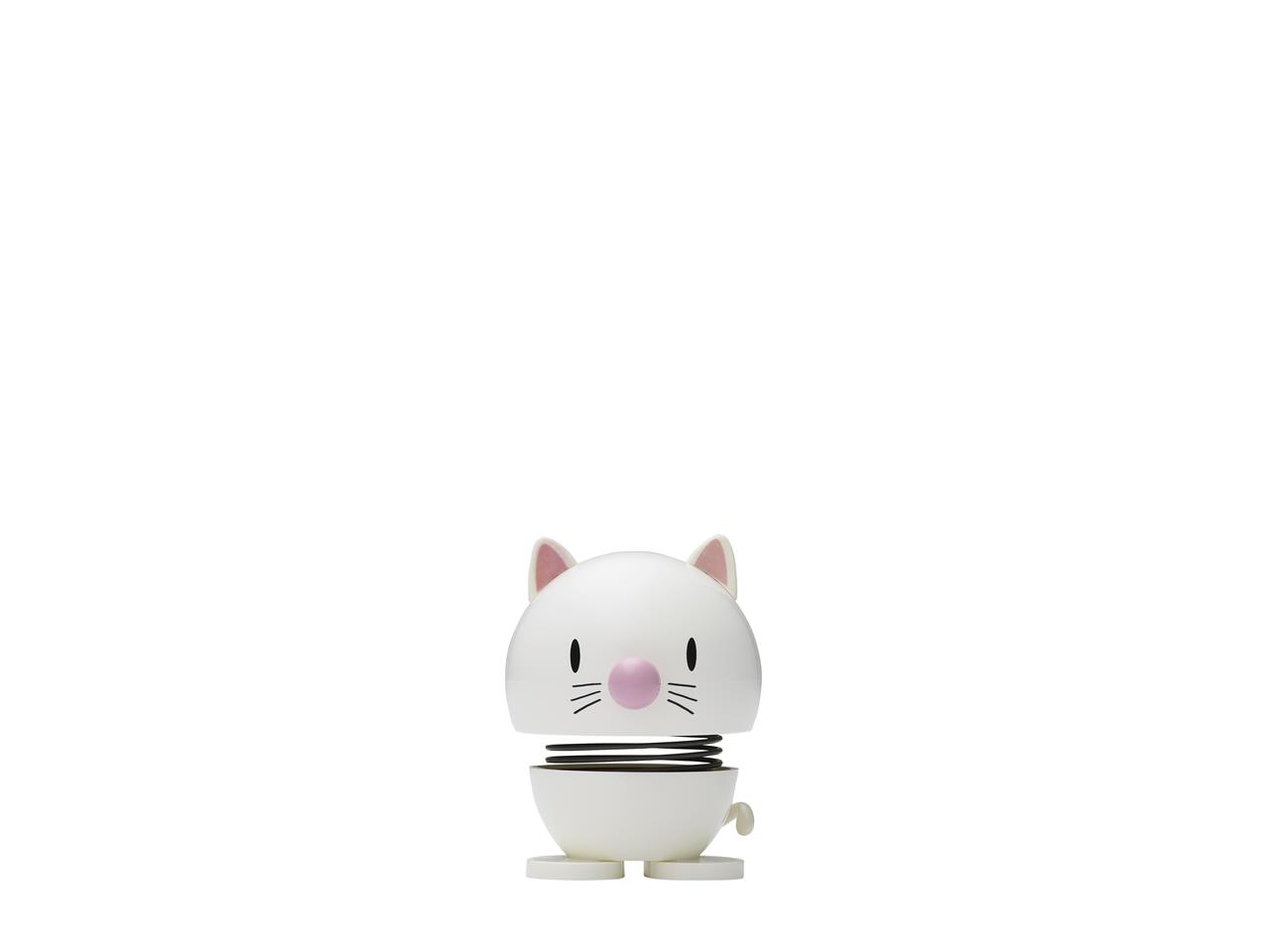 Das Bild zeigt eine weiße, federnde Figur in Katzenform namens "Hoptimist Cat White". Sie hat einen runden Kopf mit rosa Nase, schwarzen Schnurrhaaren und kleinen Katzenohren.