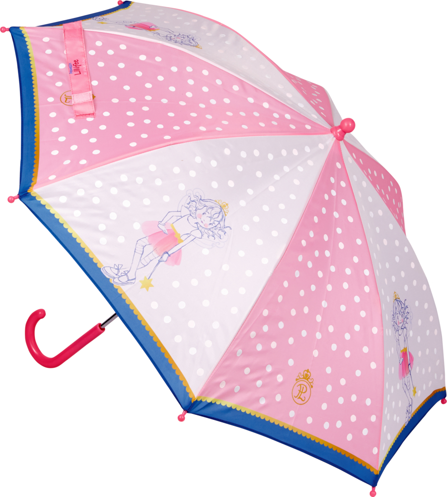Der „Prinzessin Lillifee - Zauber-Regenschirm“ ist ein pink-weißer Regenschirm mit weißen Punkten und Illustrationen von Prinzessin Lillifee. Er hat einen pinken Griff und blaue Ränder.