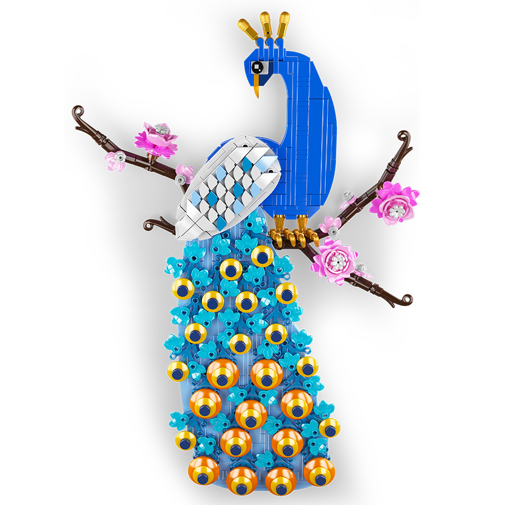 Das Bild zeigt das Produkt Mould King® 10149 Peacock Hanging Deco. Es handelt sich um eine dekorative Figur eines Pfaus zum Aufhängen.