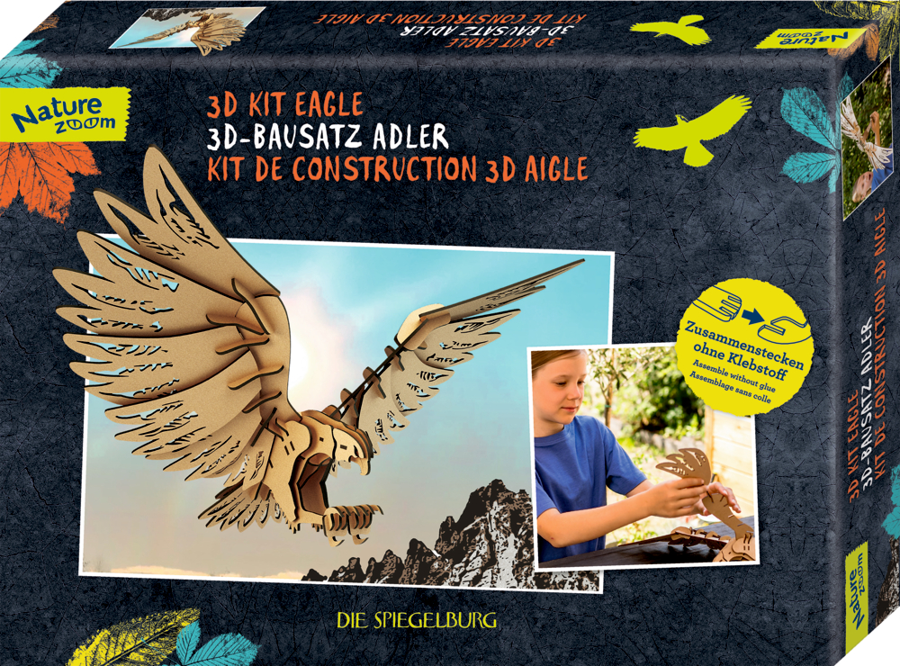 Die Verpackung zeigt den "Nature Zoom - 3D-Bausatz Adler". Auf dem Bild ist ein Kind zu sehen, das ein Modell eines Adlers aus Holz zusammenbaut.