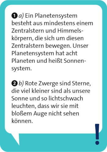 Das Bild zeigt einen Text mit zwei Informationen über das Sonnensystem und rote Zwerge. Es erklärt, dass unser Planetensystem acht Planeten hat und dass rote Zwerge kleine, lichtschwache Sterne sind, die mit bloßem Auge nicht sichtbar sind.