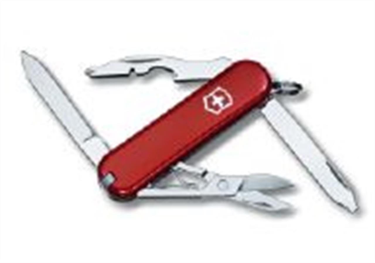 Das Bild zeigt ein rotes Taschenmesser mit mehreren ausklappbaren Werkzeugen. Es handelt sich um das Produkt "Rambler Rot Taschenmesser".