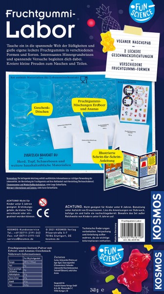 Das Bild zeigt die Rückseite des Produkts "Fun Science - Fruchtgummi-Labor". Es enthält verschiedene Zutaten und Utensilien, um vegane Fruchtgummis in verschiedenen Formen und Geschmacksrichtungen selbst herzustellen.