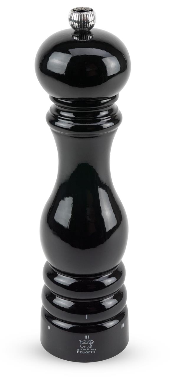 Die Abbildung zeigt eine schwarze, lackierte Pfeffermühle der Marke Peugeot. Das Modell Paris USelect ist 22 cm hoch und hat ein elegantes, glänzendes Design.