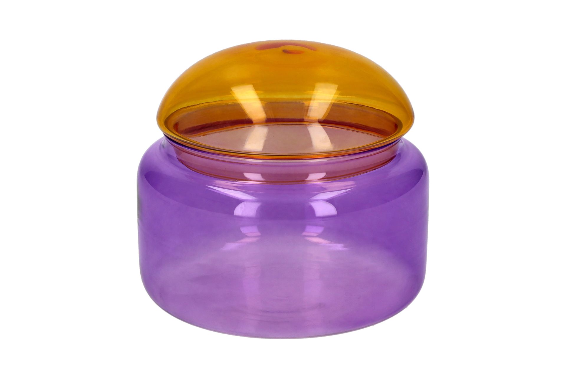 Voile Glasdose in Größe M in orange und lila. Sie bietet stilvollen Stauraum für verschiedene Kleinigkeiten.