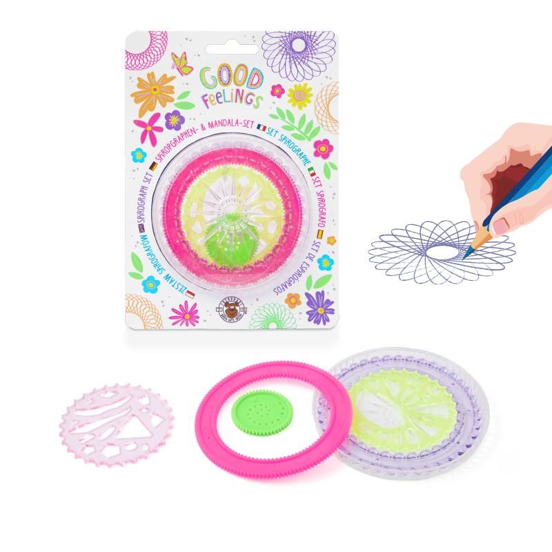 Das Bild zeigt ein sechsteiliges Spirographen & Mandala-Set in bunter Verpackung. Mit dem Set können verschiedene Mandala- und Spirographenmuster gezeichnet werden.