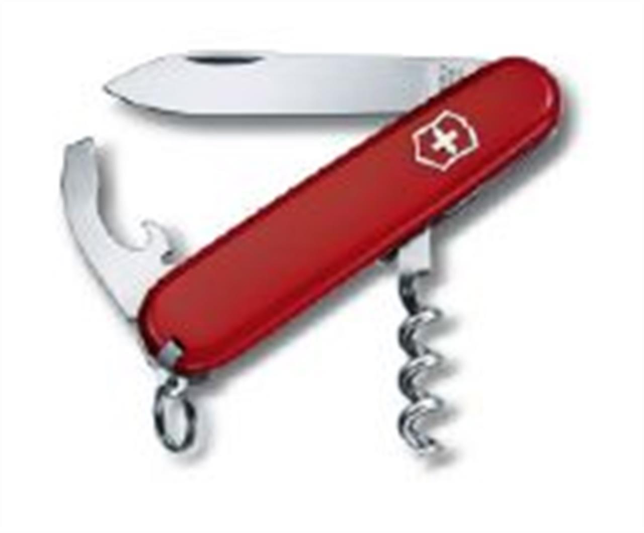 Das Bild zeigt ein rotes Taschenmesser mit mehreren Werkzeugen. Es enthält unter anderem eine Klinge, einen Korkenzieher und einen Flaschenöffner.