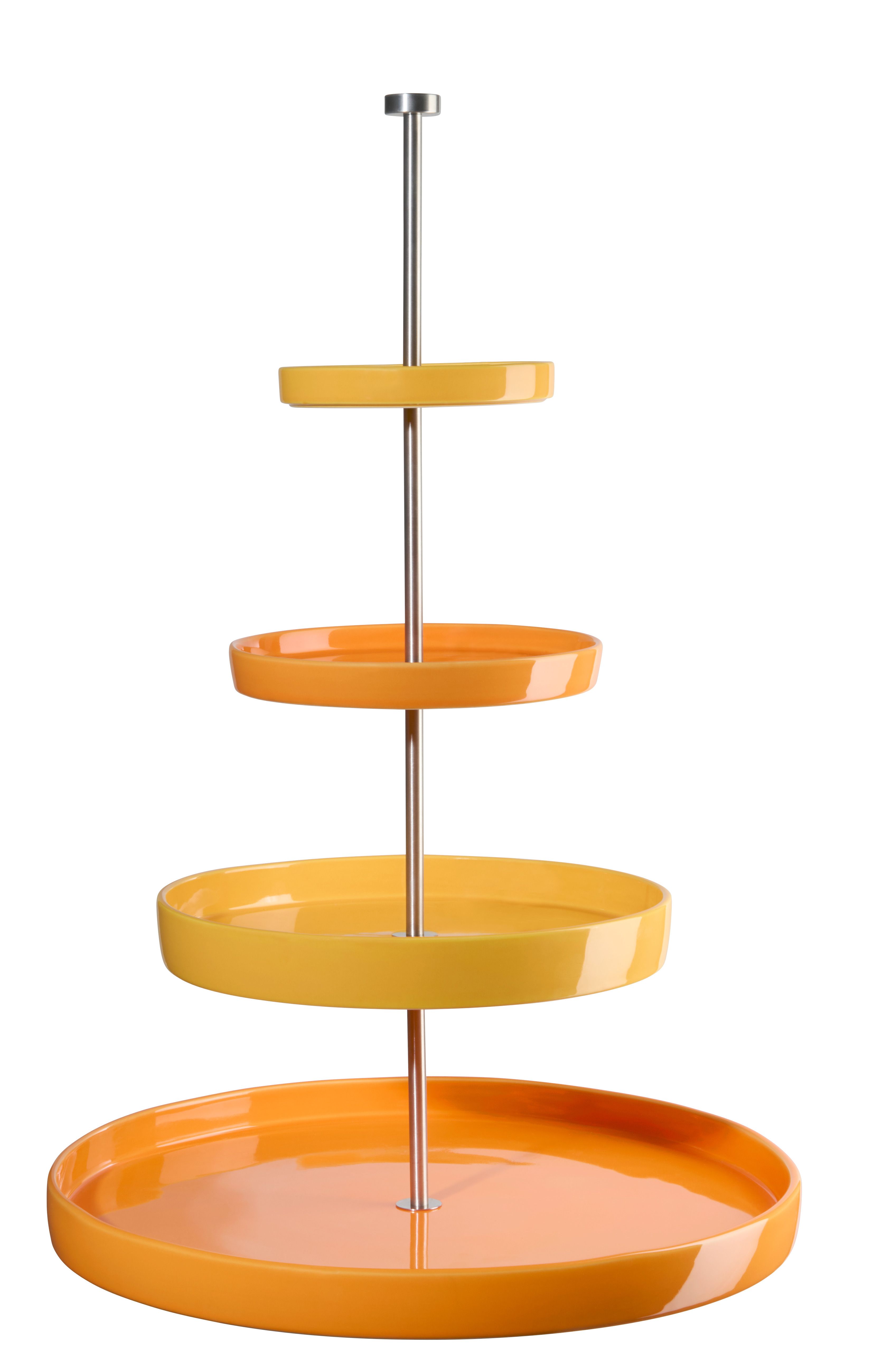 Die Abbildung zeigt eine Etagere mit vier Stufen in der Farbe Orange Smoothie. Dieses praktische Küchenprodukt eignet sich ideal zum Servieren von Gebäck oder Obst.