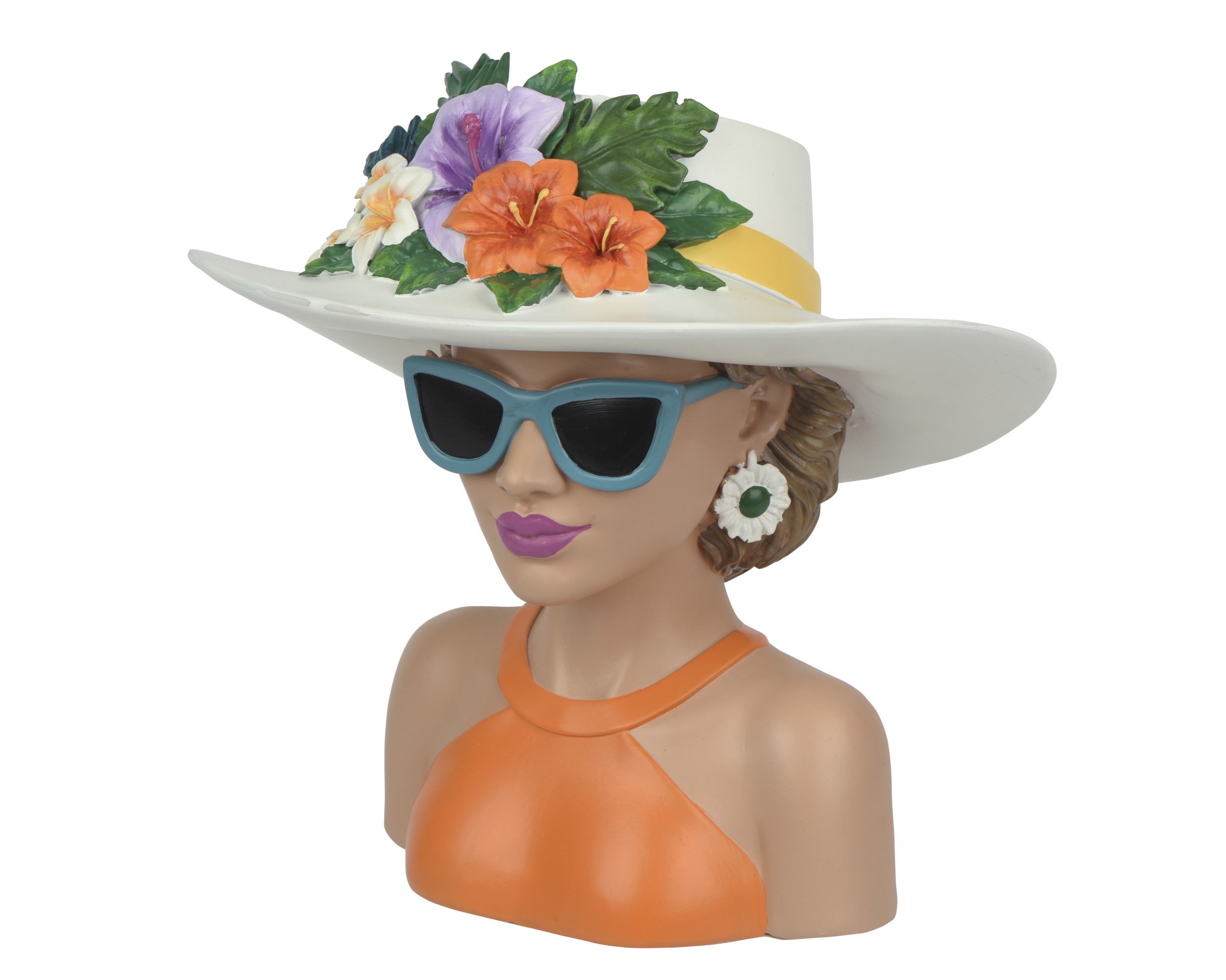 Topf Dame mit Blumenhut ist auf dem Bild zu sehen. Die Dame trägt einen Blumenhut und dient als Dekotopf.