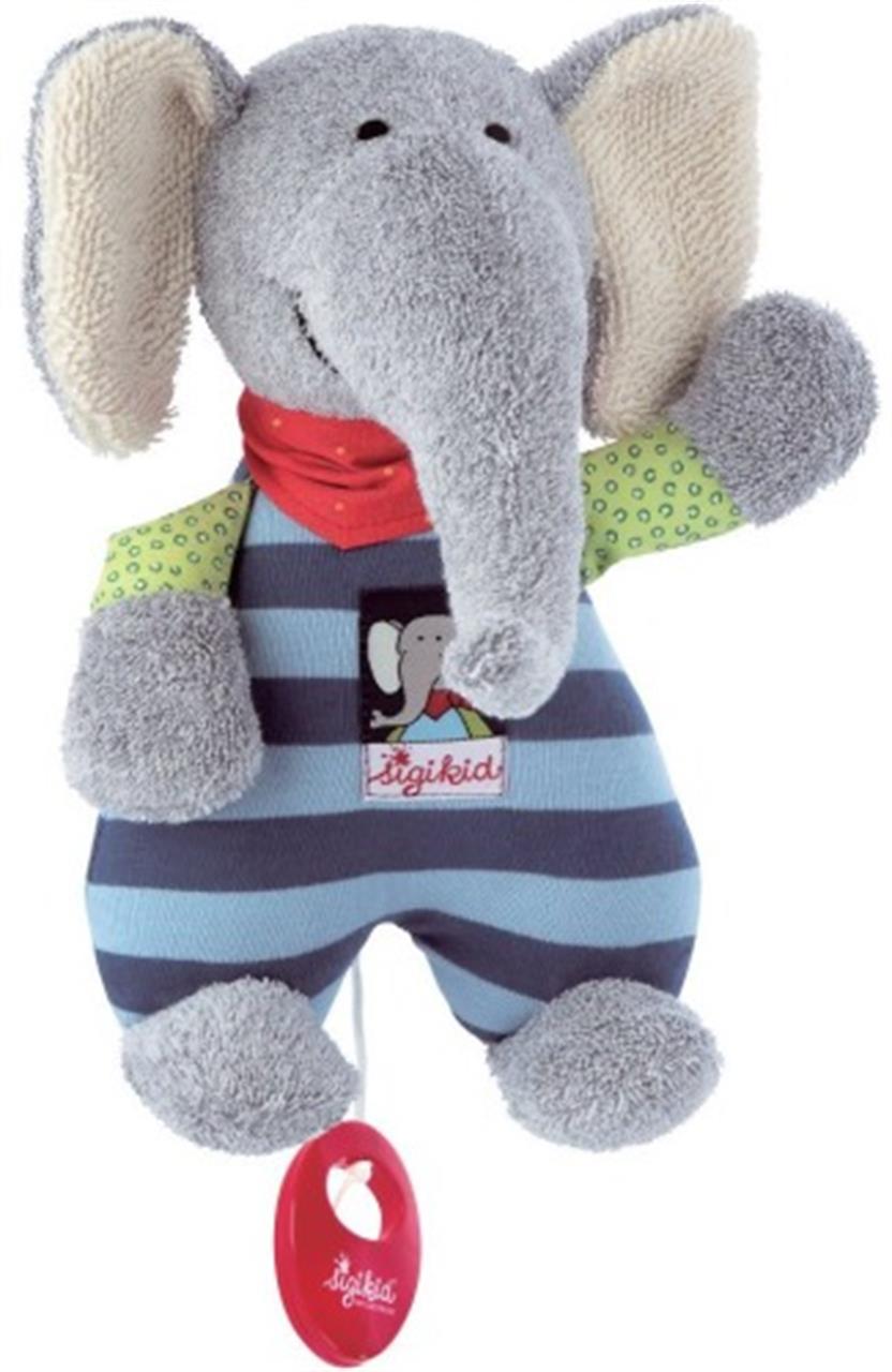 Das Bild zeigt eine weiche Spieluhr in Form eines Elefanten namens Lolo Lombardo. Der Elefant trägt einen gestreiften Anzug und ein rotes Halstuch.