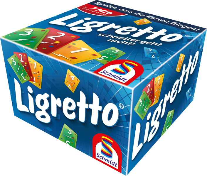 Das Bild zeigt die Verpackung des Spiels "Ligretto® blau". Auf der Schachtel sind bunte Spielkarten und das Logo von Schmidt Spiele zu sehen.