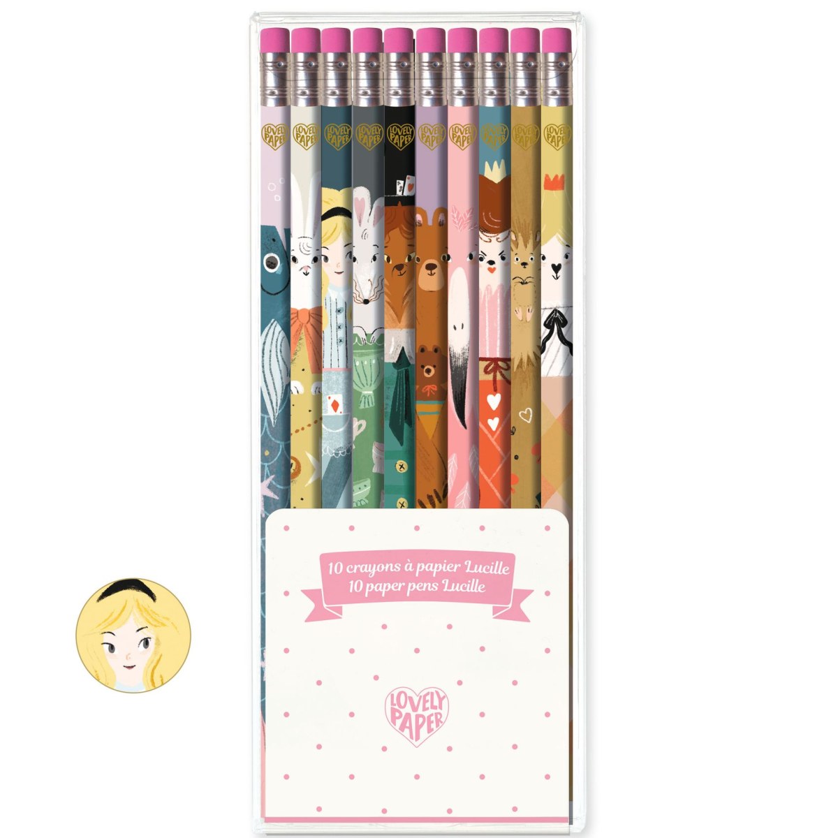 Das Bild zeigt ein Set von zehn bunt gestalteten Bleistiften mit verschiedenen Tier- und Mädchenmotiven. Die Verpackung trägt die Aufschrift "10 Bleistifte Lucille" und "Lovely Paper".