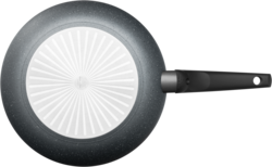 Das Bild zeigt eine Stielpfanne Montano mit einem Durchmesser von 28 cm. Die Pfanne hat einen schwarzen Griff und eine helle, gemusterte Unterseite.