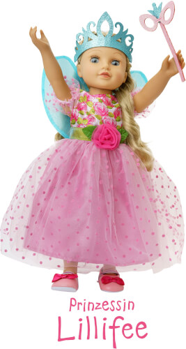 Die Puppe trägt ein pinkes Kleid mit Tüllrock, einer Krone und Flügeln. Unter ihr steht der Name "Prinzessin Lillifee" geschrieben.