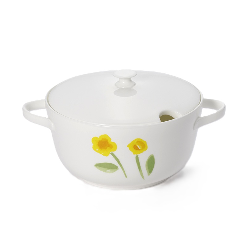 Eine Deckelschüssel mit 2,0 l Fassungsvermögen aus der Serie Impression Blume Gelb Fine Bone. Das Produkt zeigt ein gelbes Blumenmotiv auf der Oberfläche.