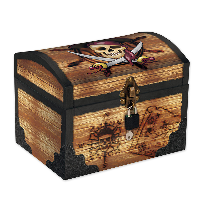 Die Abbildung zeigt eine große Schatzkiste mit Piratenmotiven. Auf dem Deckel ist ein Totenkopf mit gekreuzten Säbeln, vorne ist ein Schloss angebracht.