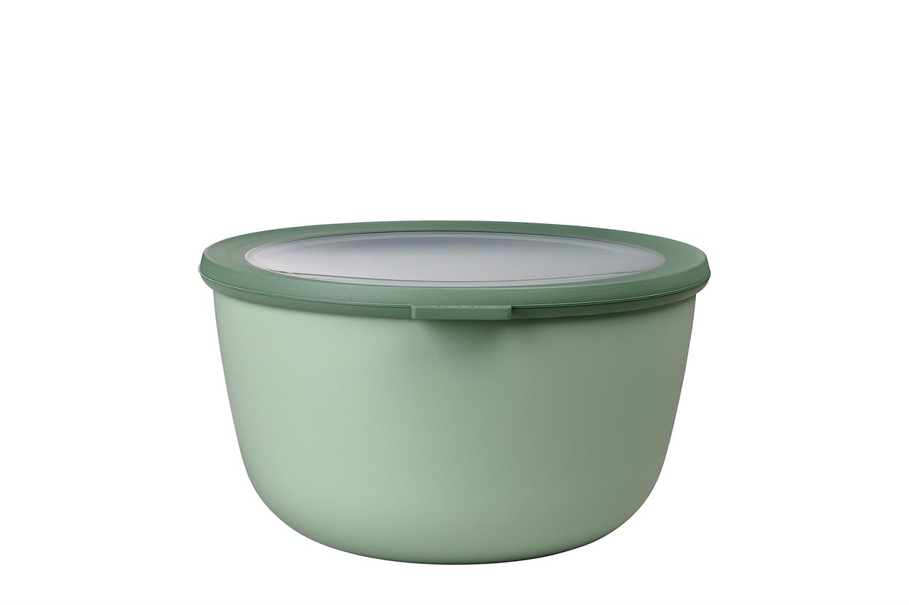 Die Abbildung zeigt eine grüne Frischhaltedose mit Deckel. Das Produkt heißt "Multi Bowl Cirqula 3 Liter - Nordic Sage".
