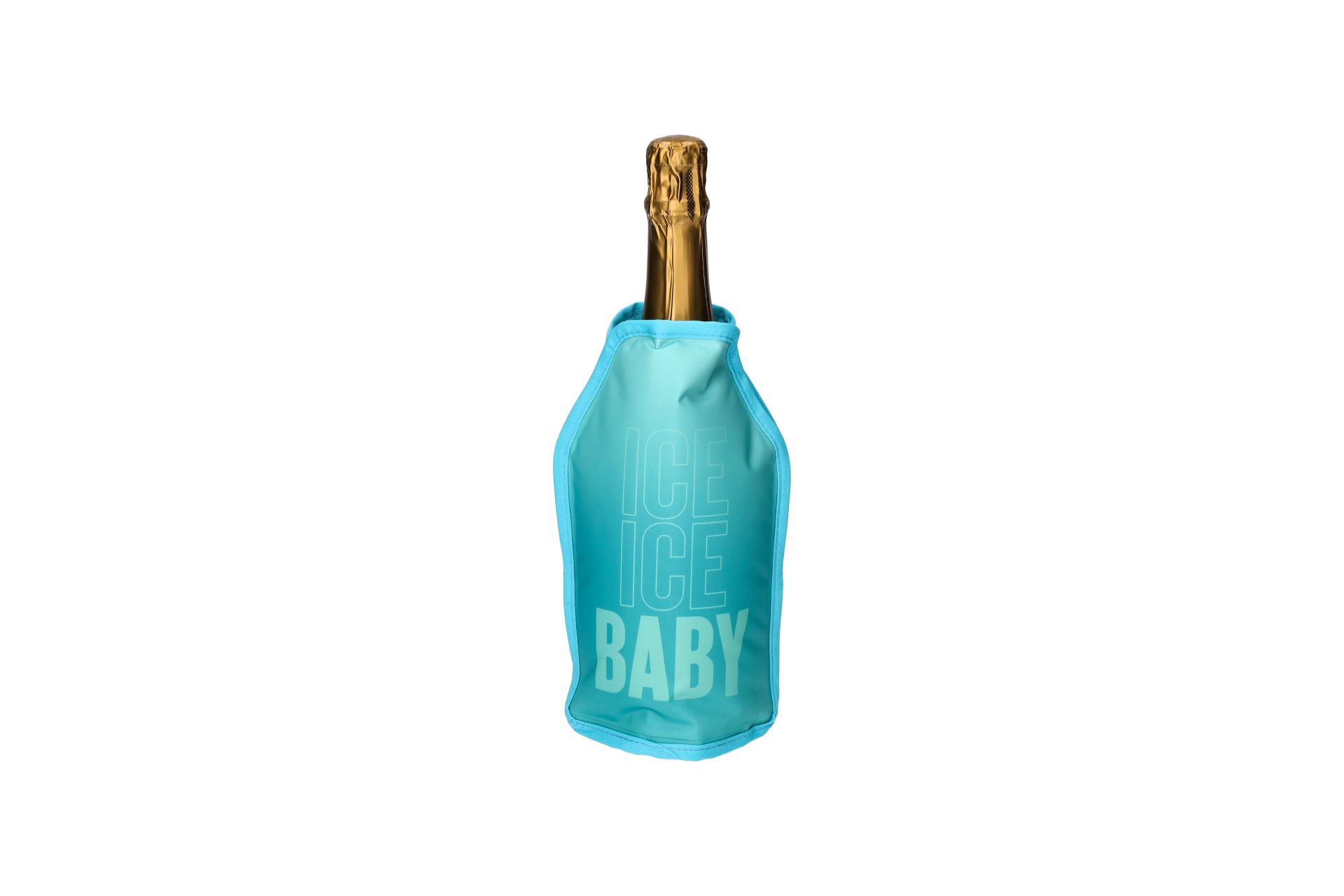 Froid Kühlmanschette mit blauem 'Ice Ice Baby' Motiv. Sie eignet sich hervorragend zum Kühlen von Flaschen.