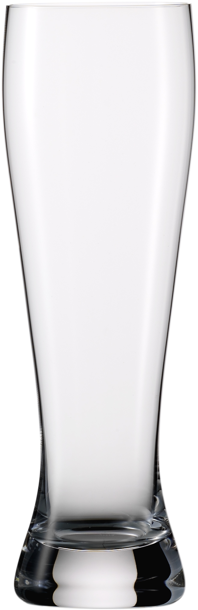Das Bild zeigt ein leeres, hohes Bierglas aus transparentem Glas. Das Glas steht aufrecht und hat einen breiten Fuß.
