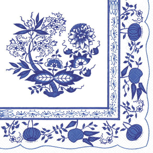Die Serviette zeigt ein traditionelles Zwiebelmuster in Blau auf weißem Hintergrund. Der Rand ist mit Blumen und Früchten verziert.