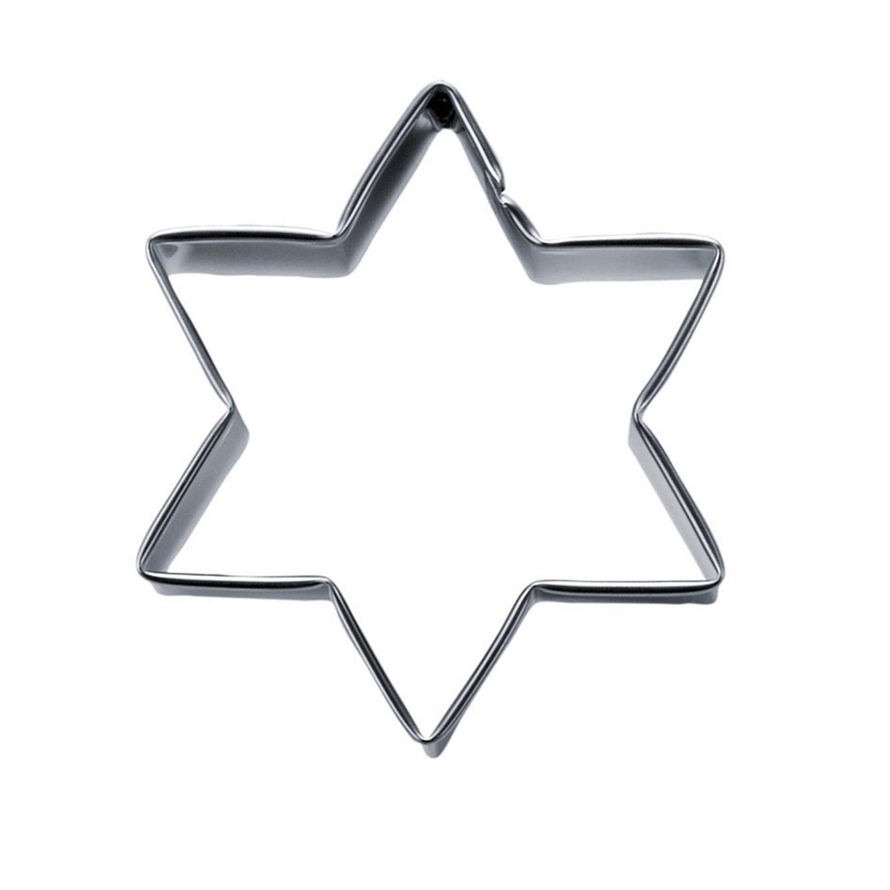 Auf dem Bild ist ein sternförmiger Ausstecher aus Metall zu sehen. Er hat einen Durchmesser von 4,0 cm und ist 2,5 cm hoch.