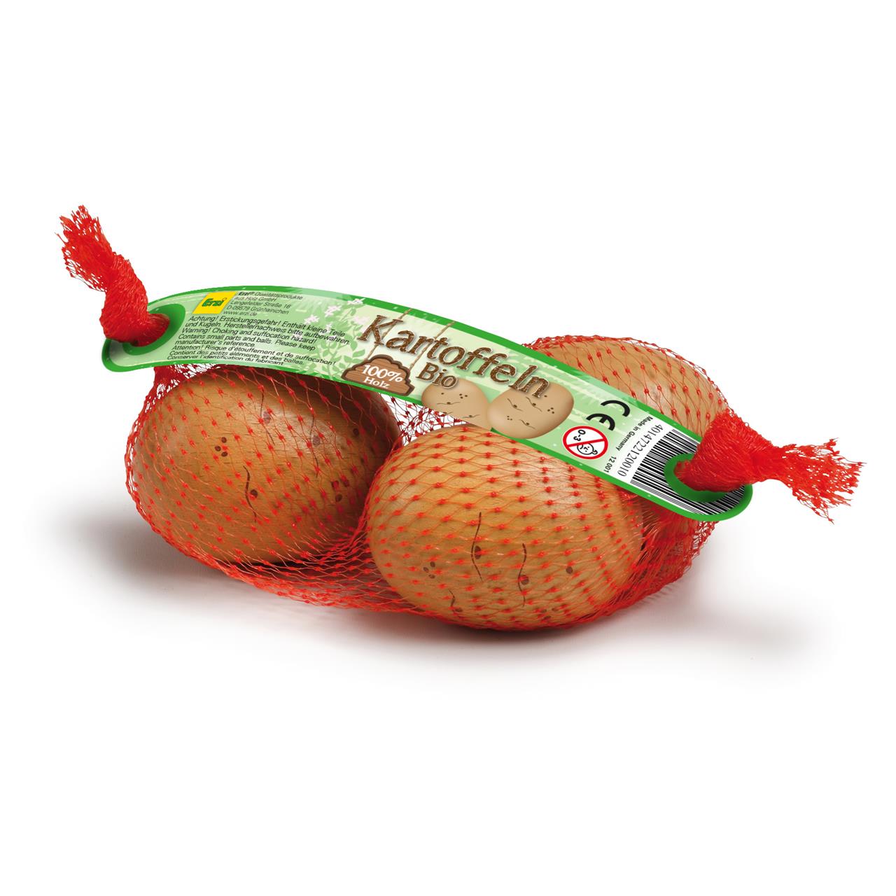 Das Bild zeigt drei Kartoffeln in einem roten Netz. Auf dem Netz befindet sich ein Etikett mit der Aufschrift "Kartoffeln Bio".