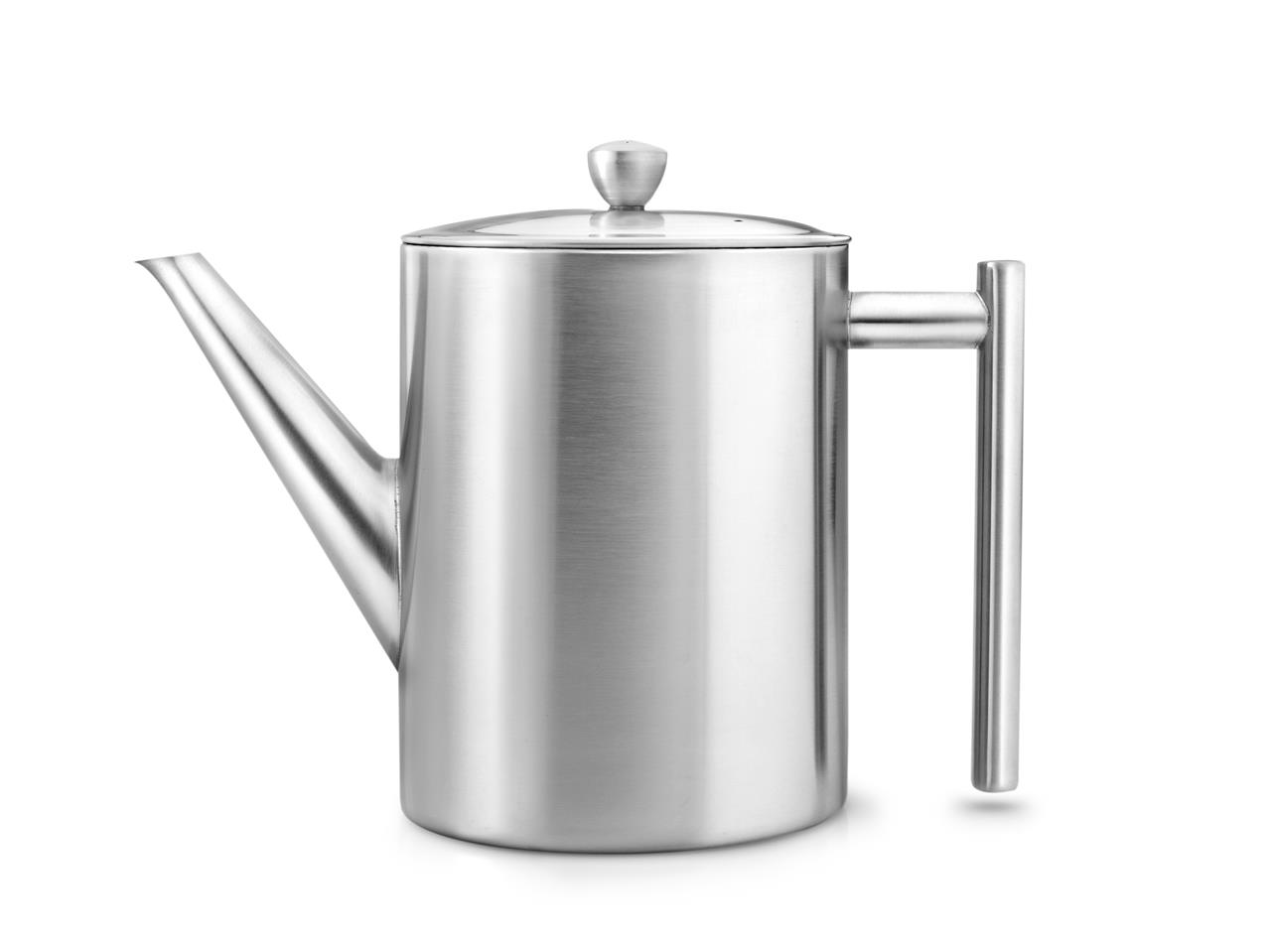 Das Bild zeigt eine Teekanne namens "Teekanne Cylindre Matt". Sie ist aus mattem Edelstahl gefertigt und hat ein modernes, zylindrisches Design.