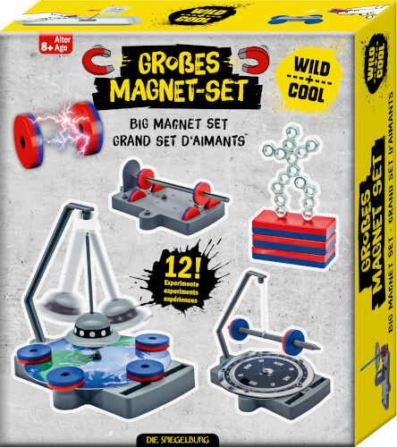 Das Bild zeigt ein großes Magnet-Set mit verschiedenen Experimentiermöglichkeiten. Auf der Verpackung sind mehrere magnetische Spielzeuge und der Hinweis auf 12 Experimente abgebildet.
