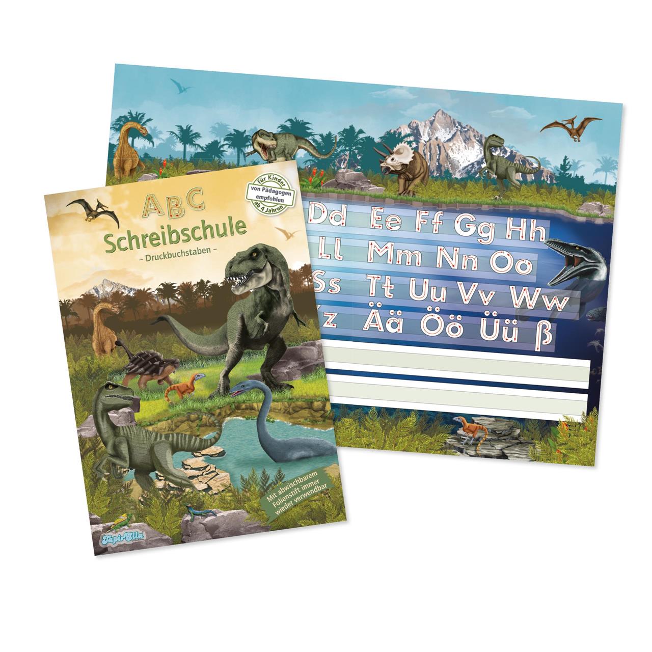 Das Bild zeigt das Produkt "TapirElla Schreibschule Dinosaurier" mit bunten Dinosaurier-Illustrationen auf dem Cover. Im Hintergrund sind Buchstaben des Alphabets und weitere Dinosaurier zu sehen.