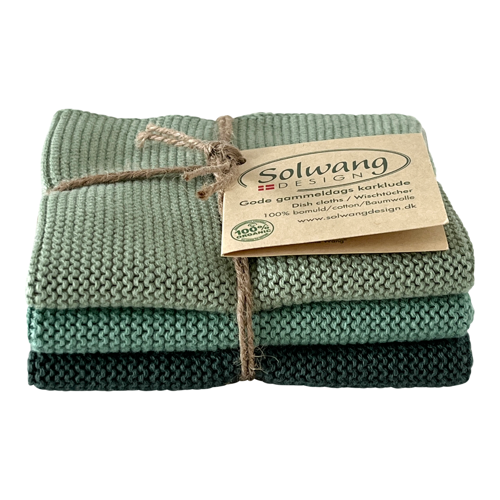 Abgebildet ist das Spültücher 3er Set Antikgrün Kombi Bio in 25x25cm. Das Produkt besteht aus drei Tüchern in verschiedenen Grüntönen.