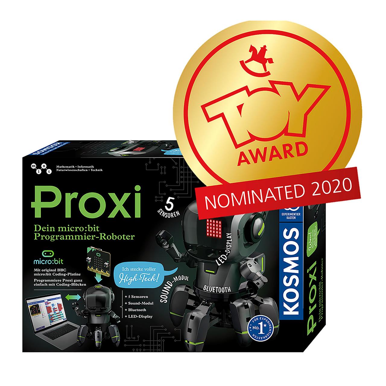 Das Bild zeigt die Verpackung des Produkts "Proxi - Dein micro:bit Programmier-Roboter" von Kosmos. Auf der Verpackung ist ein großes Abzeichen zu sehen, das die Nominierung für den Toy Award 2020 anzeigt.