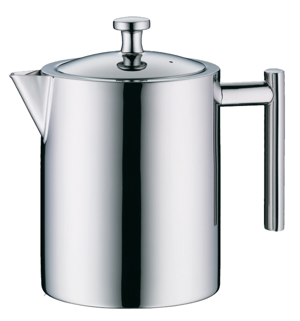 Auf dem Bild ist eine glänzende Kaffeekanne aus Edelstahl zu sehen. Sie hat einen Deckel, einen Ausgießer und einen seitlichen Griff.
